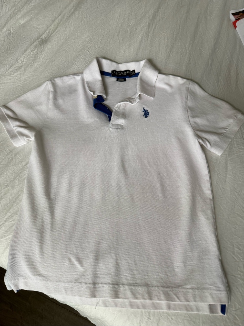 Polo Shirt - White with Blue Logo youth size 10-12